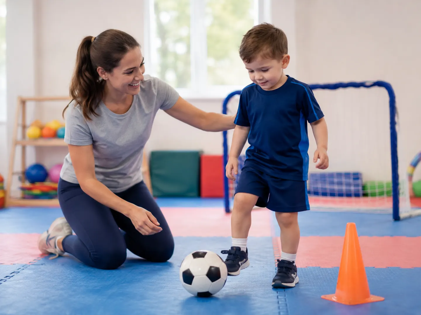 Entrenadora acompaña a un niño pequeño durante una actividad de fútbol